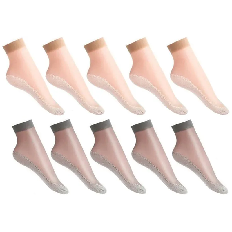 10 Pairs Spring Summer Fall Women's Soft Socks Thin Silk Socks Non-Slip Bottom Splice Fashion Transparent Ladies Breathable Socks