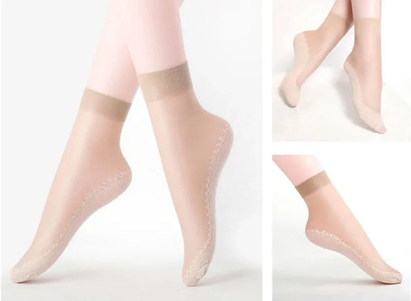 10 Pairs Spring Summer Fall Women's Soft Socks Thin Silk Socks Non-Slip Bottom Splice Fashion Transparent Ladies Breathable Socks