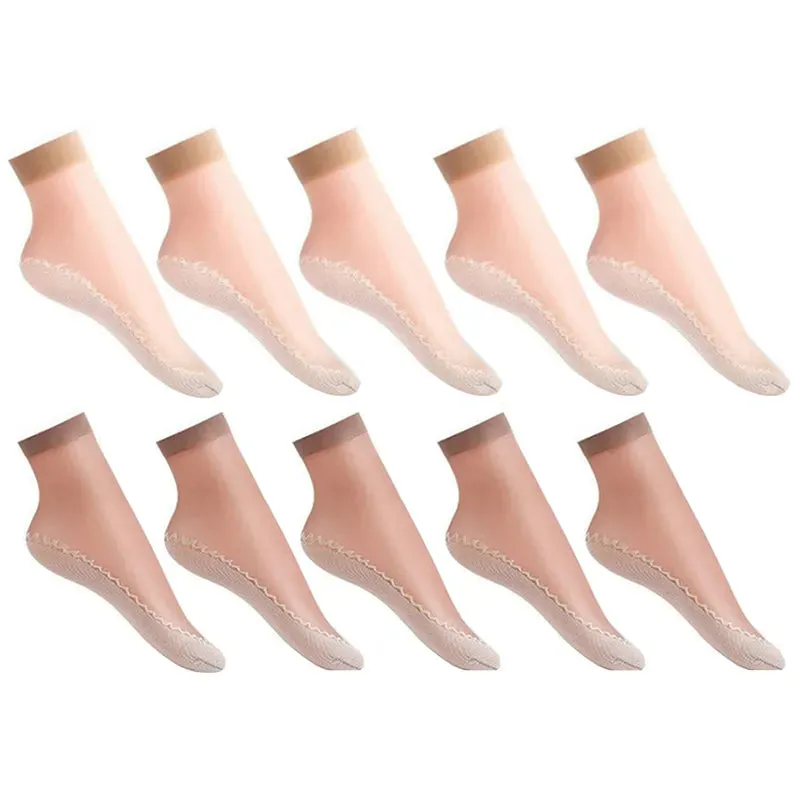 10 Pairs Spring Summer Fall Women's Soft Socks Thin Silk Socks Non-Slip Bottom Splice Fashion Transparent Ladies Breathable Socks