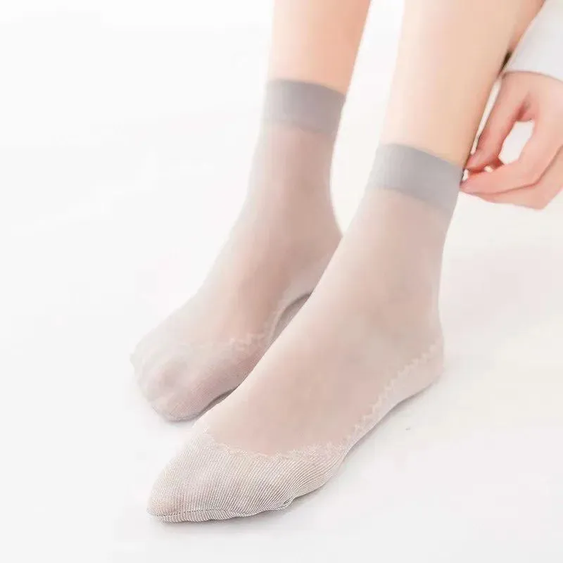10 Pairs Spring Summer Fall Women's Soft Socks Thin Silk Socks Non-Slip Bottom Splice Fashion Transparent Ladies Breathable Socks