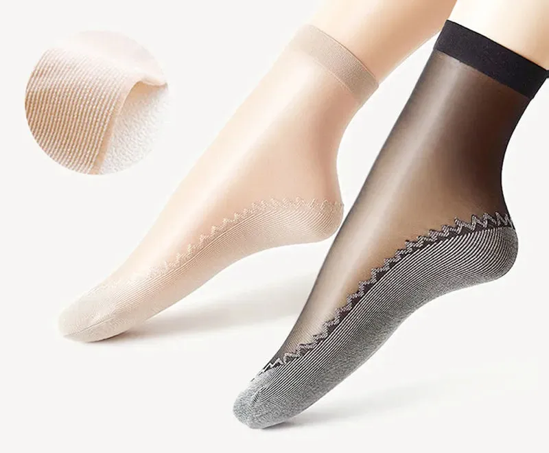 10 Pairs Spring Summer Fall Women's Soft Socks Thin Silk Socks Non-Slip Bottom Splice Fashion Transparent Ladies Breathable Socks