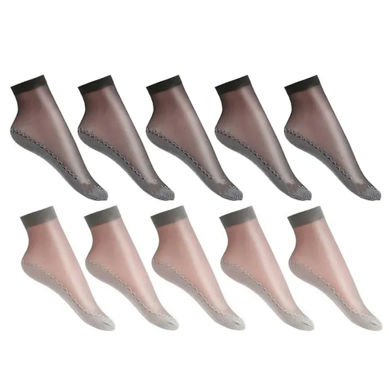 10 Pairs Spring Summer Fall Women's Soft Socks Thin Silk Socks Non-Slip Bottom Splice Fashion Transparent Ladies Breathable Socks