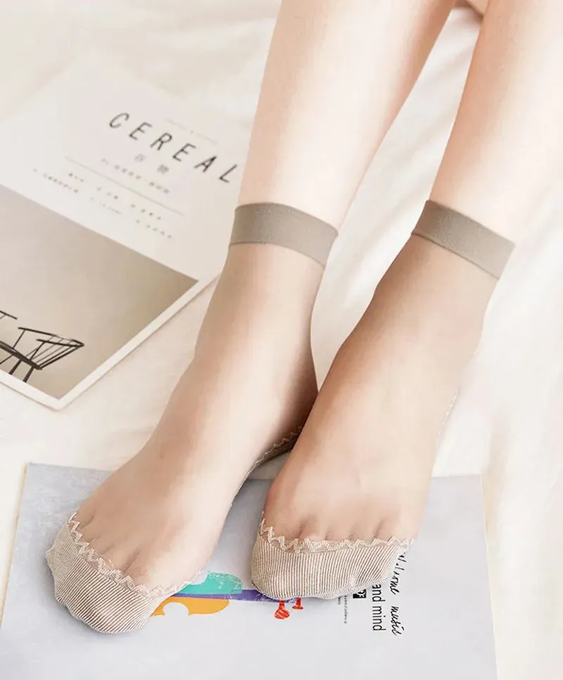 10 Pairs Spring Summer Fall Women's Soft Socks Thin Silk Socks Non-Slip Bottom Splice Fashion Transparent Ladies Breathable Socks