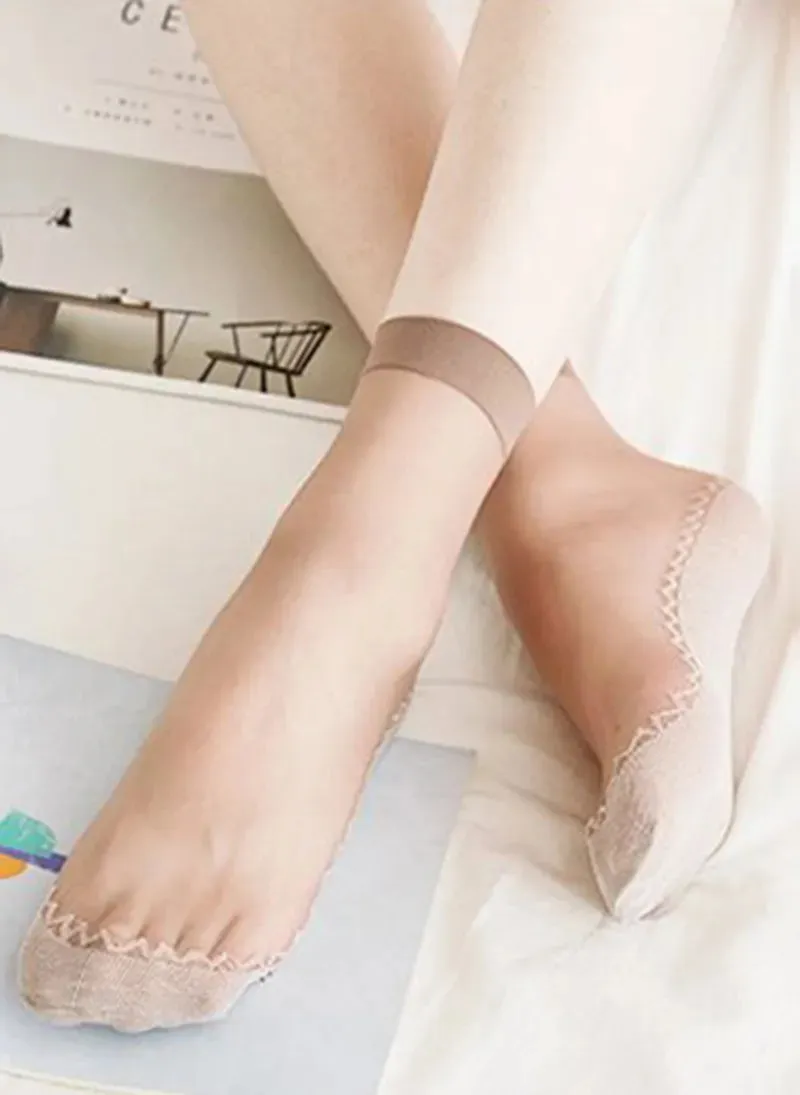 10 Pairs Spring Summer Fall Women's Soft Socks Thin Silk Socks Non-Slip Bottom Splice Fashion Transparent Ladies Breathable Socks