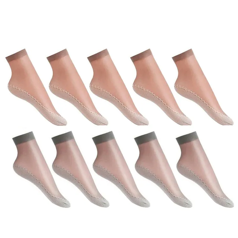 10 Pairs Spring Summer Fall Women's Soft Socks Thin Silk Socks Non-Slip Bottom Splice Fashion Transparent Ladies Breathable Socks