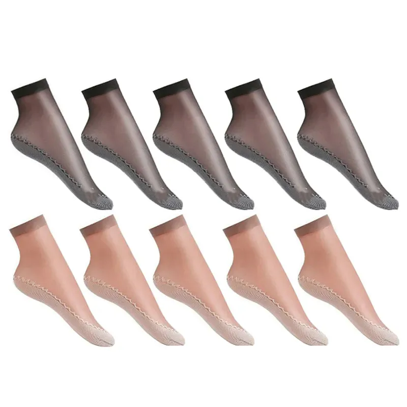 10 Pairs Spring Summer Fall Women's Soft Socks Thin Silk Socks Non-Slip Bottom Splice Fashion Transparent Ladies Breathable Socks