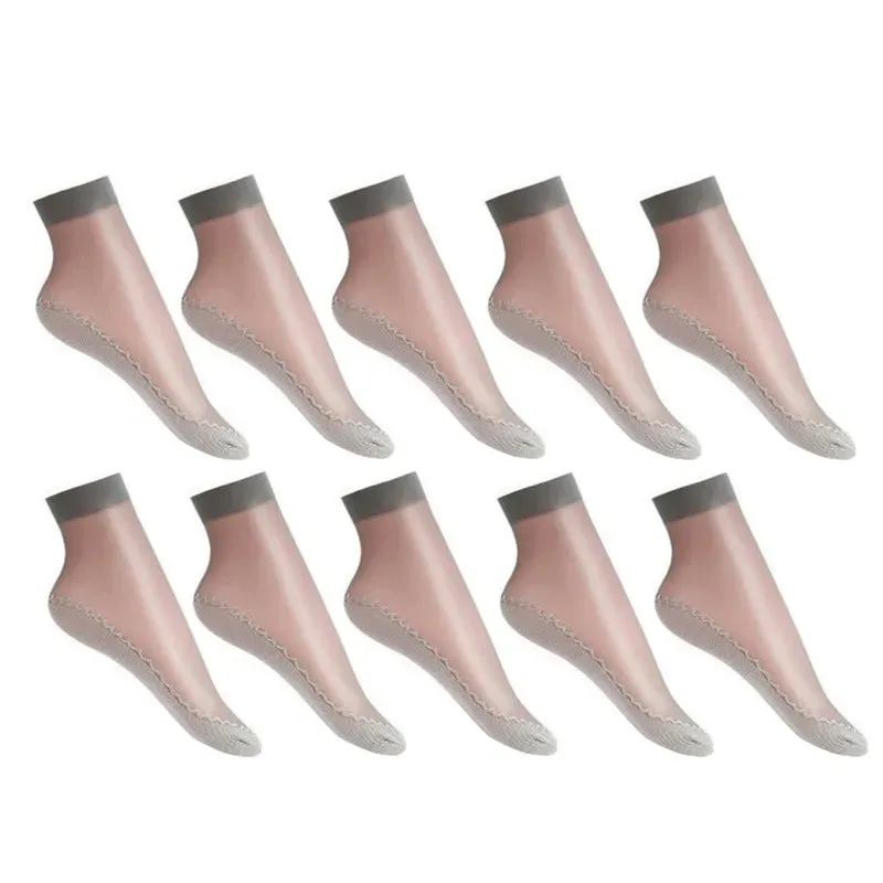 10 Pairs Spring Summer Fall Women's Soft Socks Thin Silk Socks Non-Slip Bottom Splice Fashion Transparent Ladies Breathable Socks