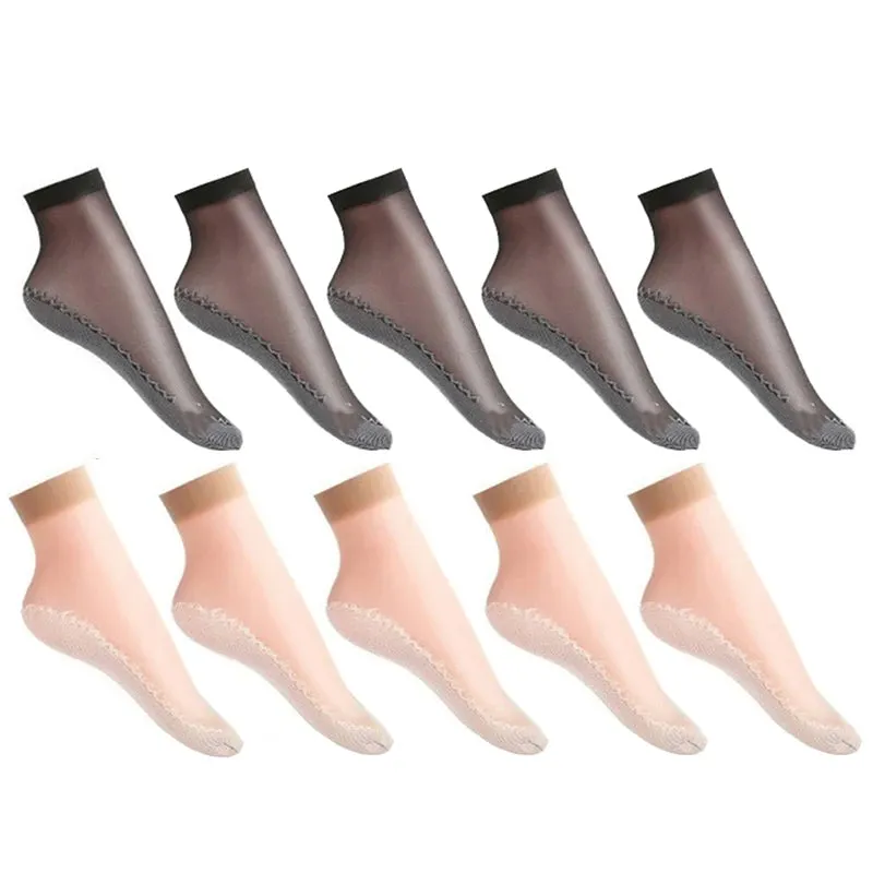 10 Pairs Spring Summer Fall Women's Soft Socks Thin Silk Socks Non-Slip Bottom Splice Fashion Transparent Ladies Breathable Socks