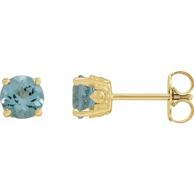 14K Aquamarine Floral Round Cut Studs