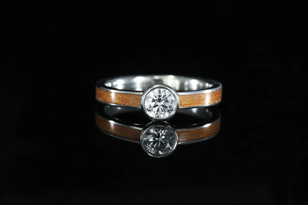14K GOLD BEZEL SET DIAMOND CHERRY WOOD RING