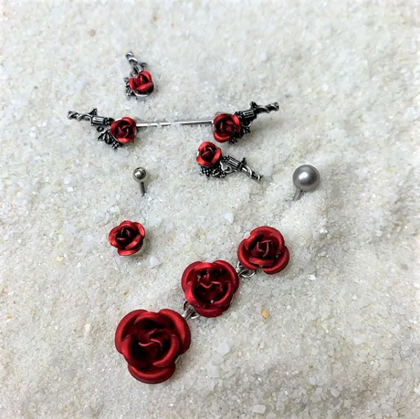 16 Gauge 3/8 Romantic Red Rose Flower Curved Eyebrow Ring