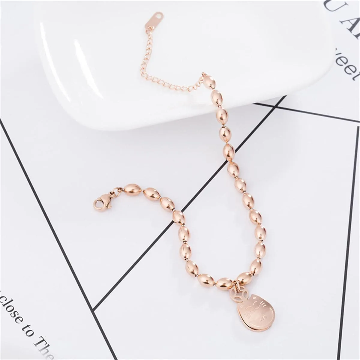 18K Rose Gold-Plated Kitty Long Bead Charm Bracelet