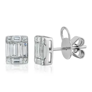 18k White Gold 1.29 ct. TDW Round and Baguette-cut Diamond Halo Stud Earrings