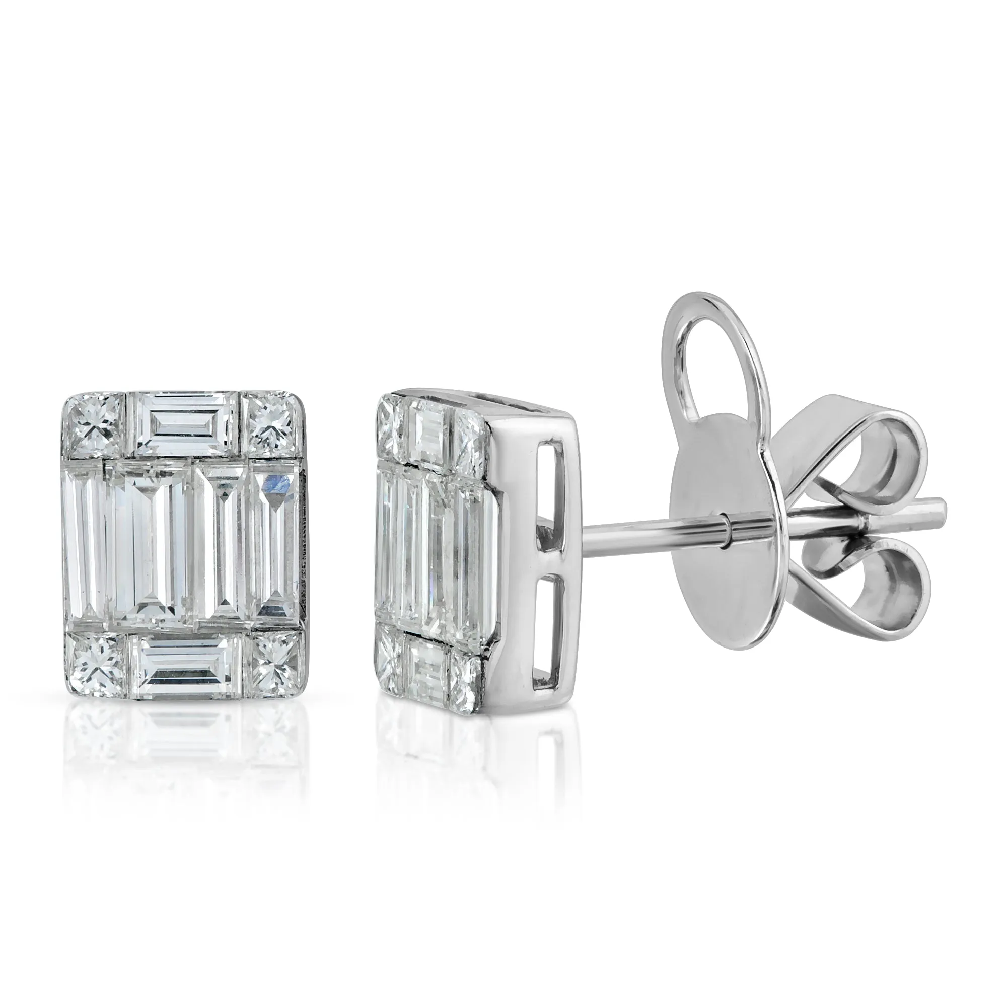 18k White Gold 1.29 ct. TDW Round and Baguette-cut Diamond Halo Stud Earrings