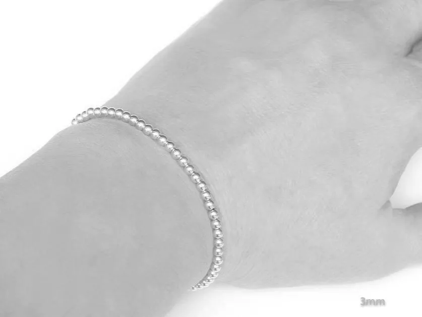 18k White Gold Ball Bead Stretch Bracelets, 3mm - 6mm, Men and Women's Bracelet