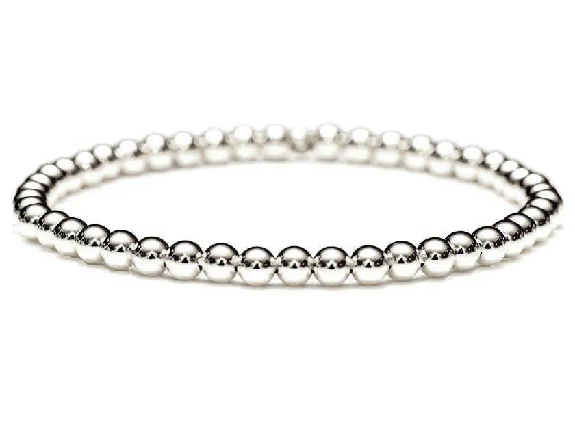 18k White Gold Ball Bead Stretch Bracelets, 3mm - 6mm, Men and Women's Bracelet