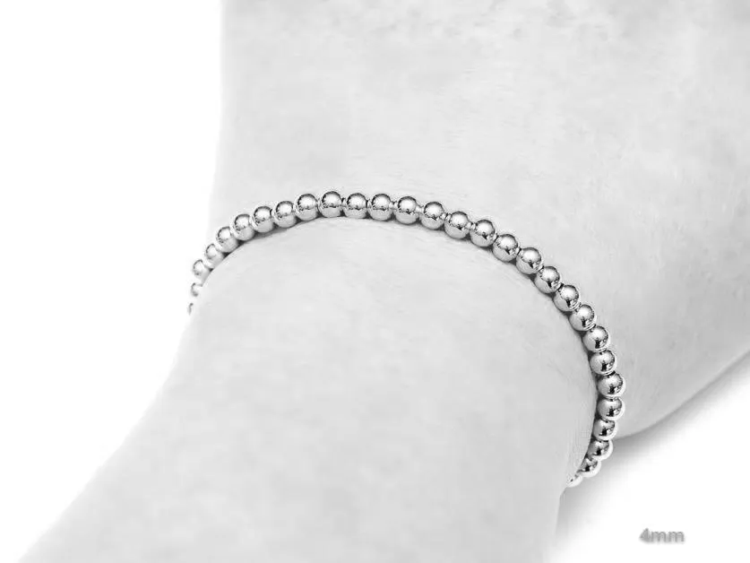18k White Gold Ball Bead Stretch Bracelets, 3mm - 6mm, Men and Women's Bracelet