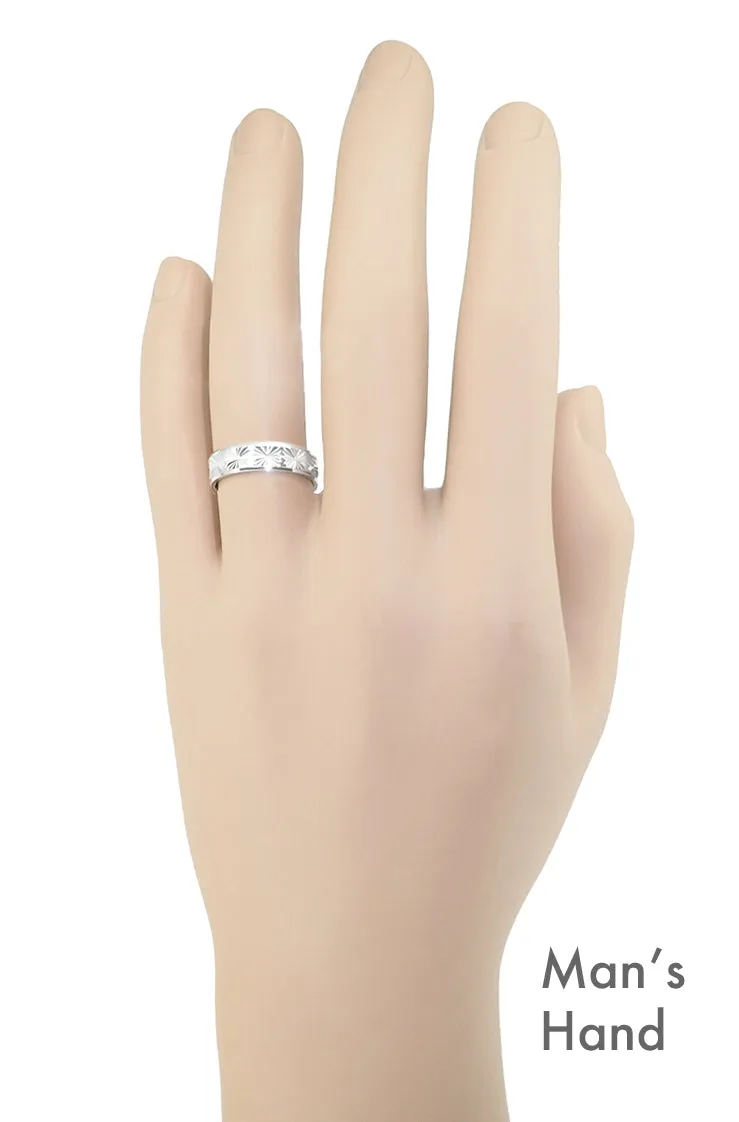 1960's Mid Century Carved Starbursts Low Profile Platinum Wedding Band - 5mm Wide
