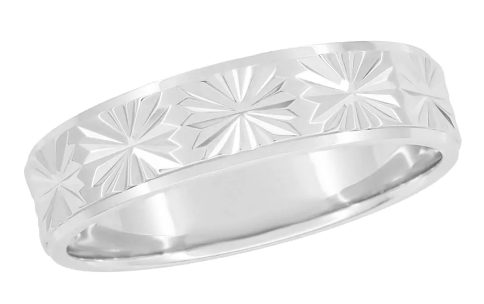 1960's Mid Century Carved Starbursts Low Profile Platinum Wedding Band - 5mm Wide