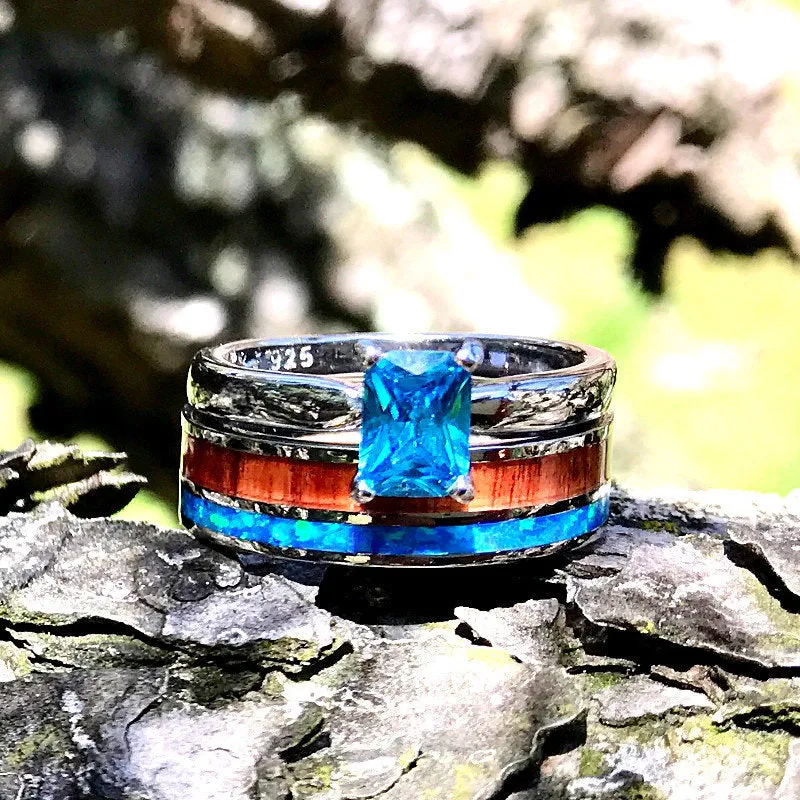 2 pc Opal Wedding Ring Set Koa Wood Wedding Band
