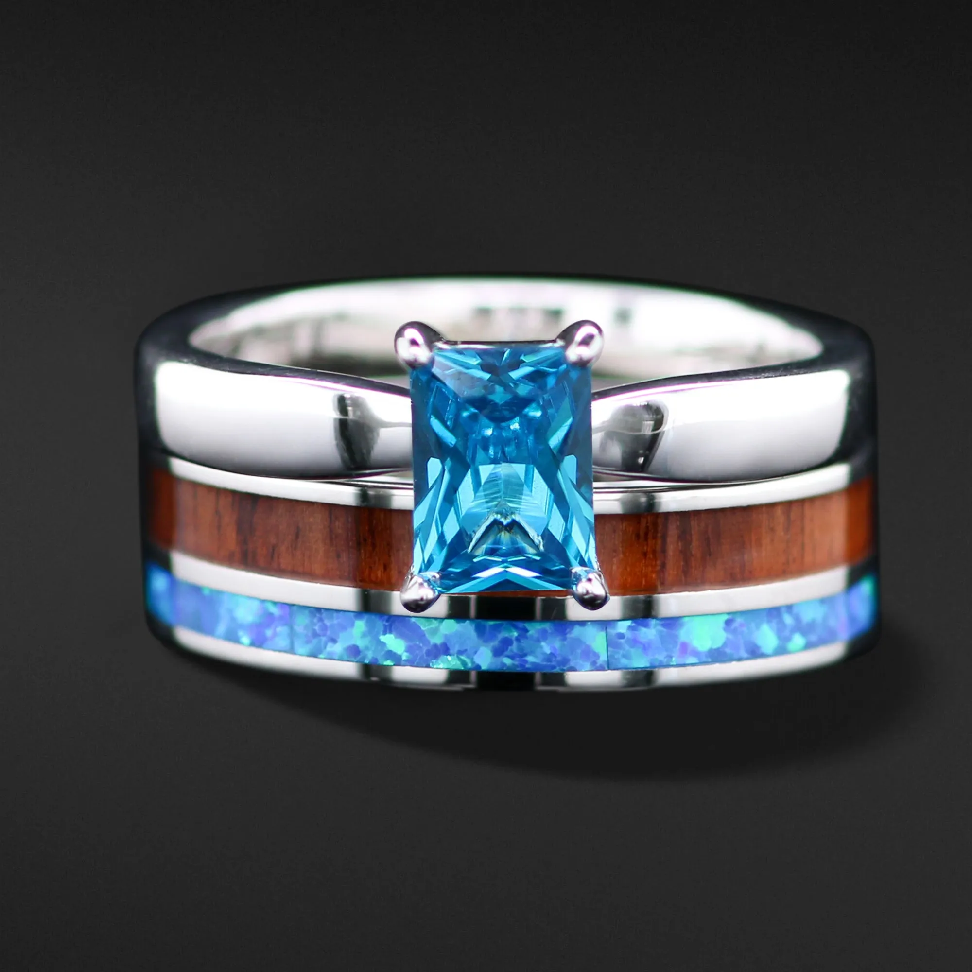 2 pc Opal Wedding Ring Set Koa Wood Wedding Band