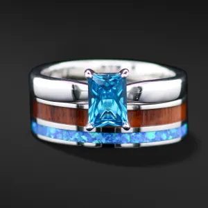 2 pc Opal Wedding Ring Set Koa Wood Wedding Band
