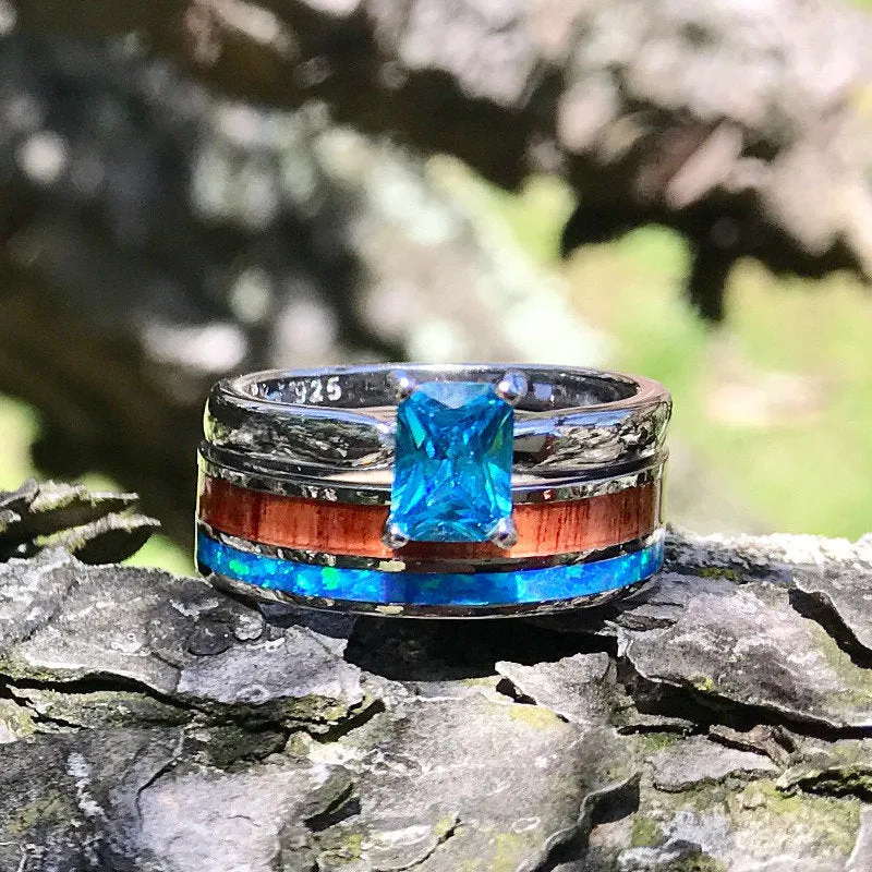 2 pc Opal Wedding Ring Set Koa Wood Wedding Band