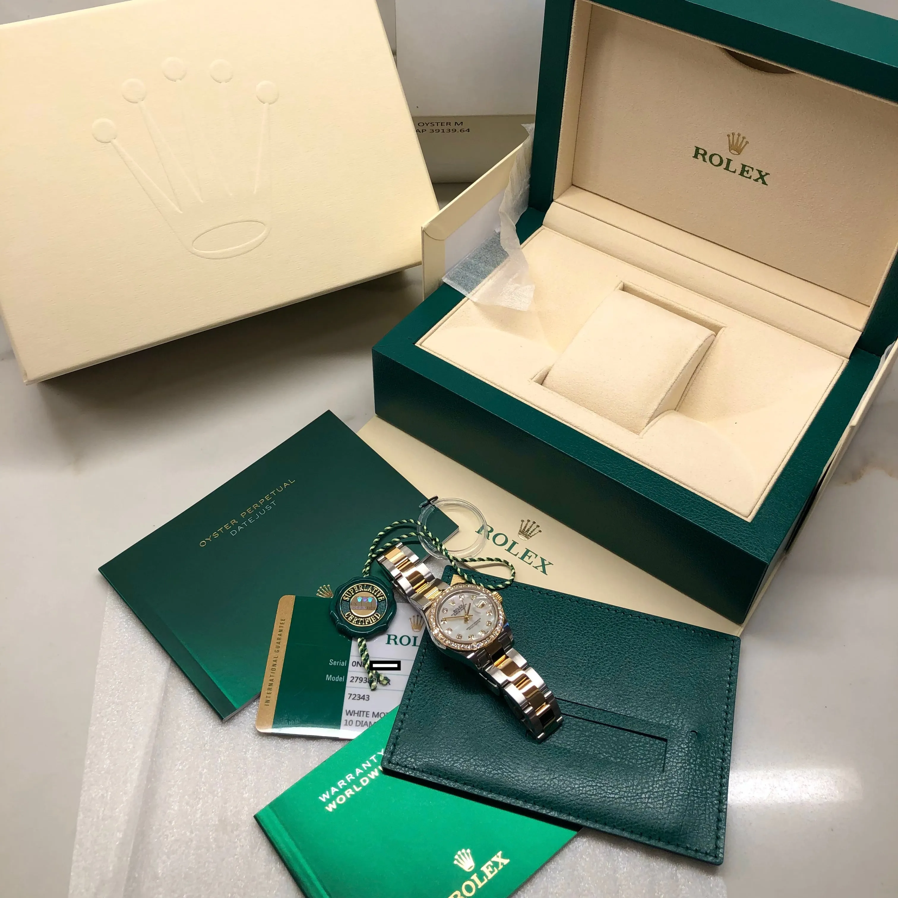 2019 Rolex Datejust 279383RBR Ladies Mother of Pearl Diamond Dial Bezel Oyster Two Tone Wristwatch Box Papers