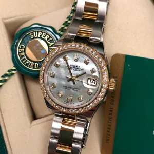 2019 Rolex Datejust 279383RBR Ladies Mother of Pearl Diamond Dial Bezel Oyster Two Tone Wristwatch Box Papers