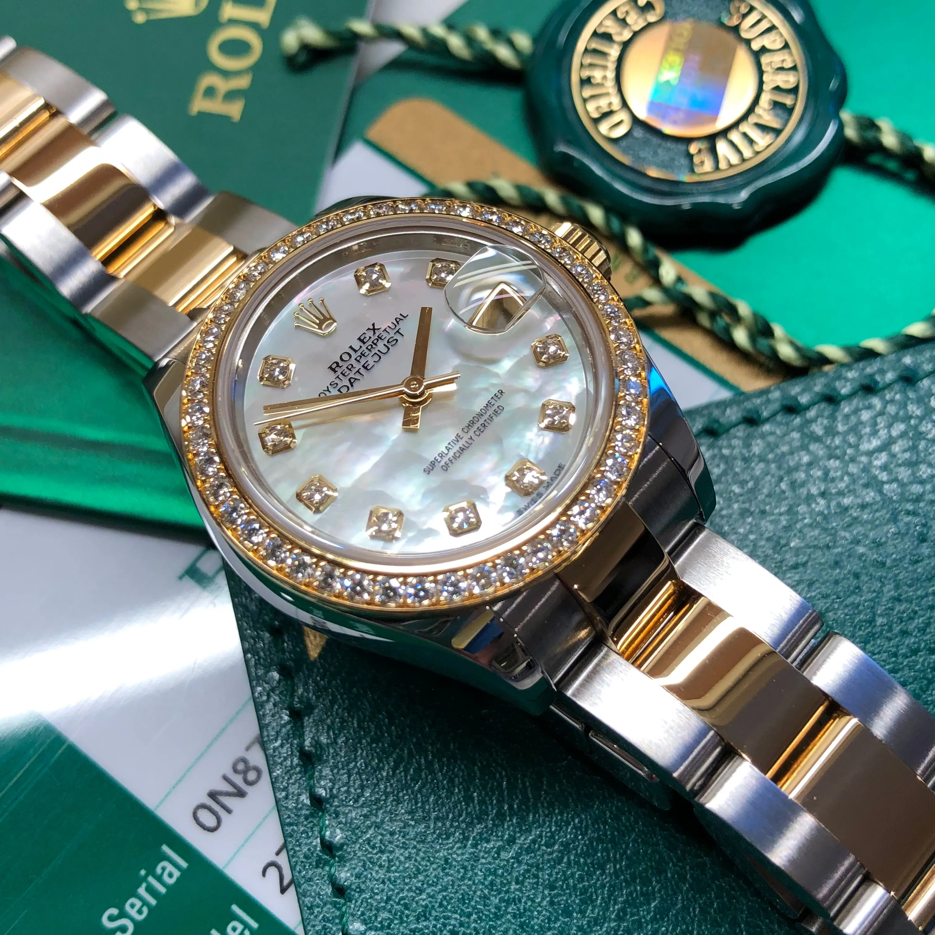 2019 Rolex Datejust 279383RBR Ladies Mother of Pearl Diamond Dial Bezel Oyster Two Tone Wristwatch Box Papers