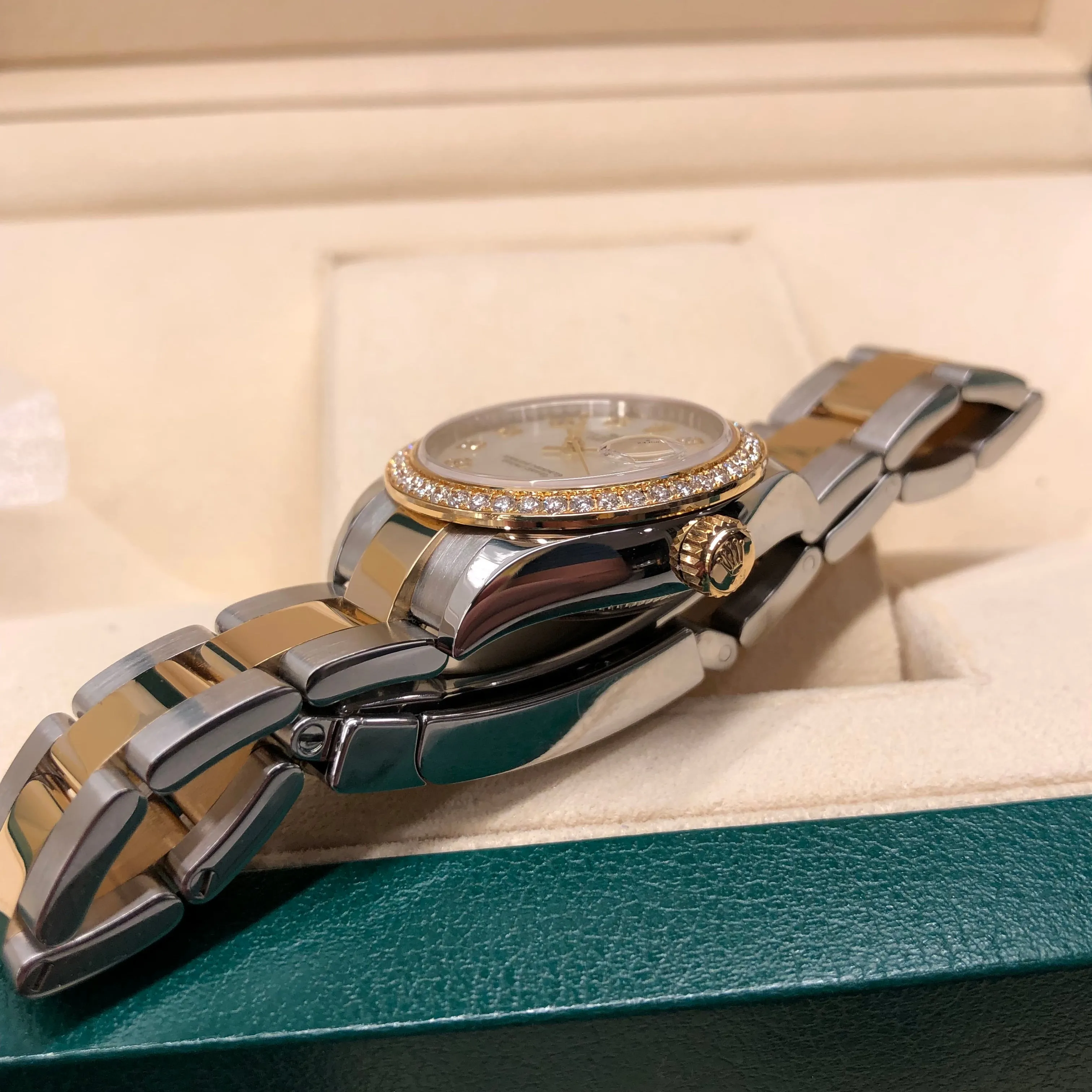 2019 Rolex Datejust 279383RBR Ladies Mother of Pearl Diamond Dial Bezel Oyster Two Tone Wristwatch Box Papers
