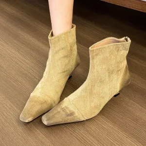 2025  Retro polish! Square head splicing low-heeled short boots women's autumn new kitten and thin boots