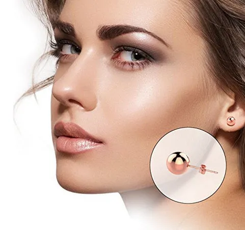 24K GP Rose Gold Round Ball Stud Earrings 316L Stainless Steel Women's 8mm