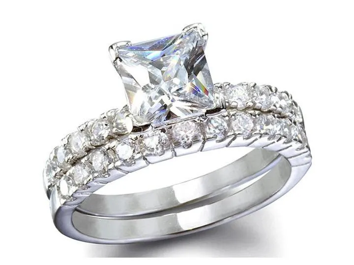 2.56 Princess Cut Wedding Ring Set Engagement Diamond Simulated 925 Sterling Silver