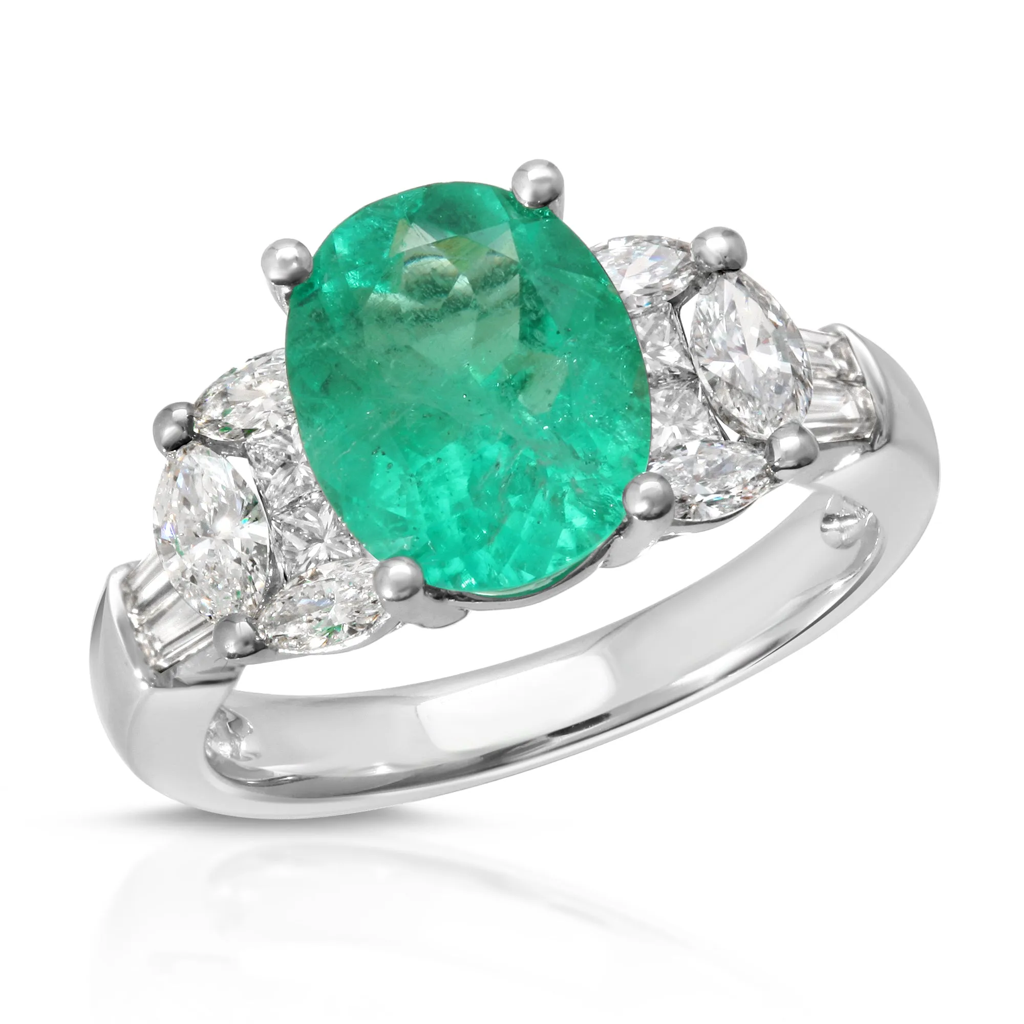 2.58 Ct. Oval Shape Emerald Solitaire Ring with 1.34 Ct.of Marquise and Baugette Diamond Accents 14k White Gold