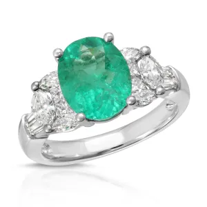 2.58 Ct. Oval Shape Emerald Solitaire Ring with 1.34 Ct.of Marquise and Baugette Diamond Accents 14k White Gold