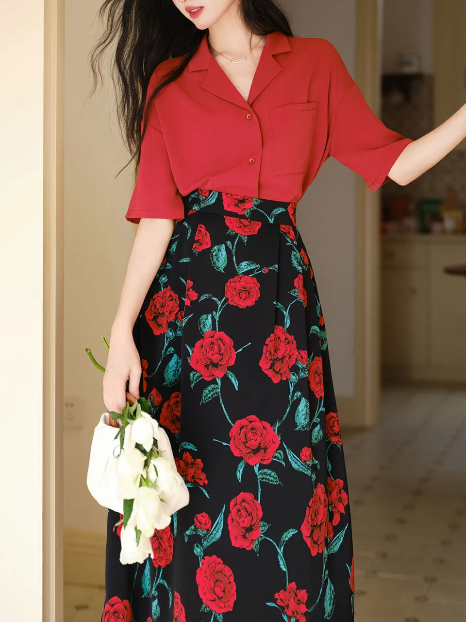 2PS Red Casual Shirt and High Waist Rose Print Skirt Outfit