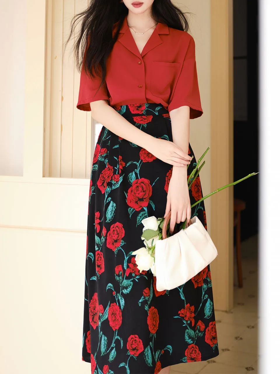 2PS Red Casual Shirt and High Waist Rose Print Skirt Outfit