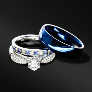 3 PCs Blue Mens Wedding Band Ring | Sterling Silver Engagement Rings | men band ring for Him & Her
