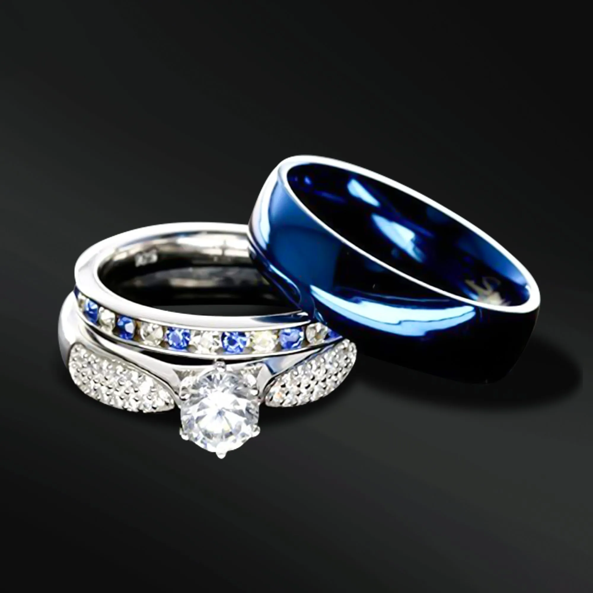 3 PCs Blue Mens Wedding Band Ring | Sterling Silver Engagement Rings | men band ring for Him & Her