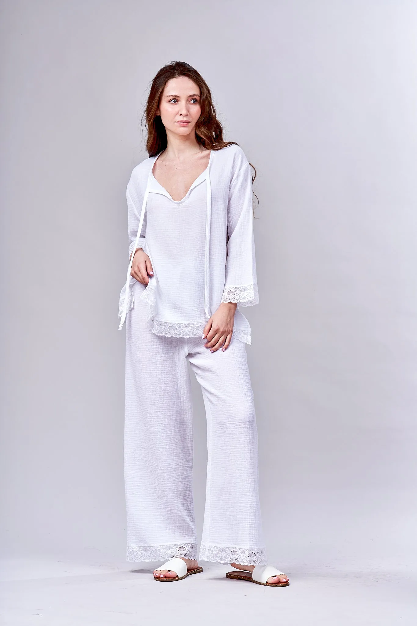 3030 - Gorgeous lace trimmed PJS- New White Gauze