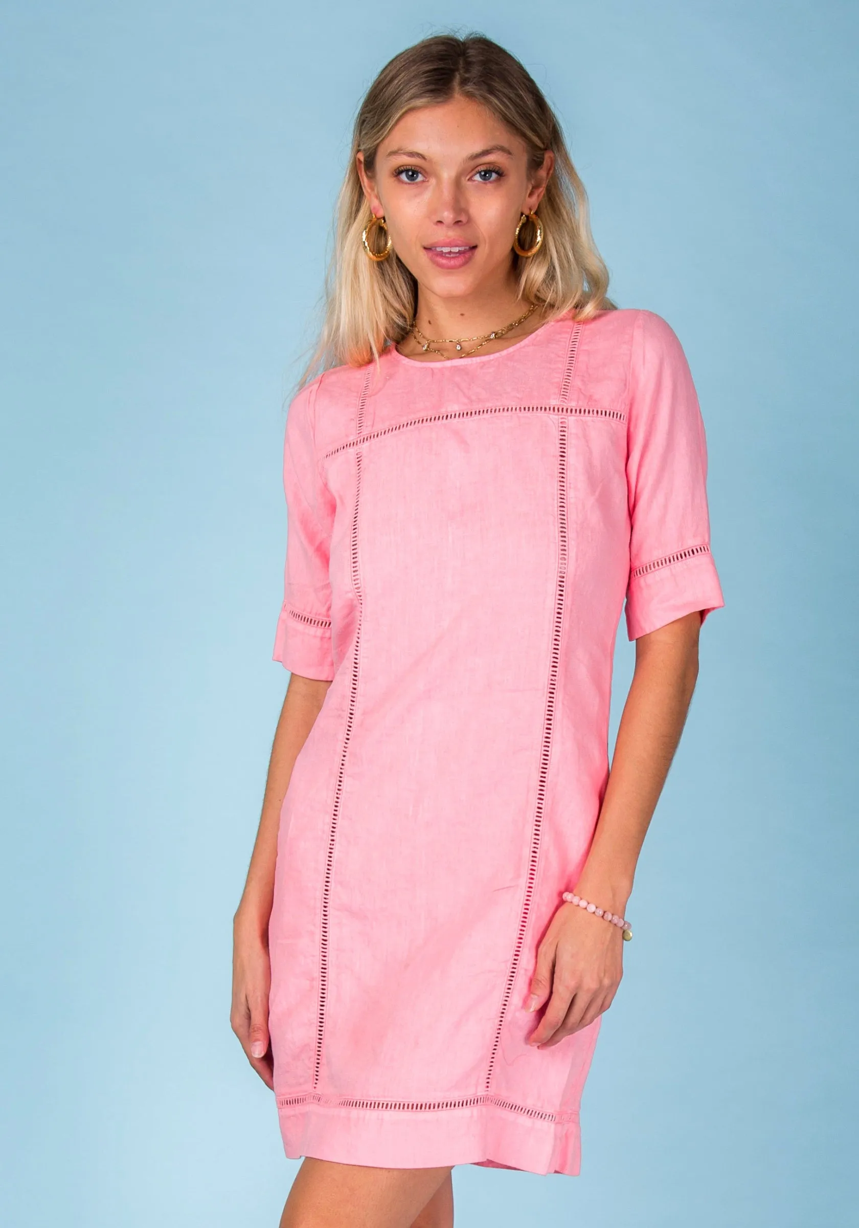 3/4 Sleeve Linen Dress With Lace Detail