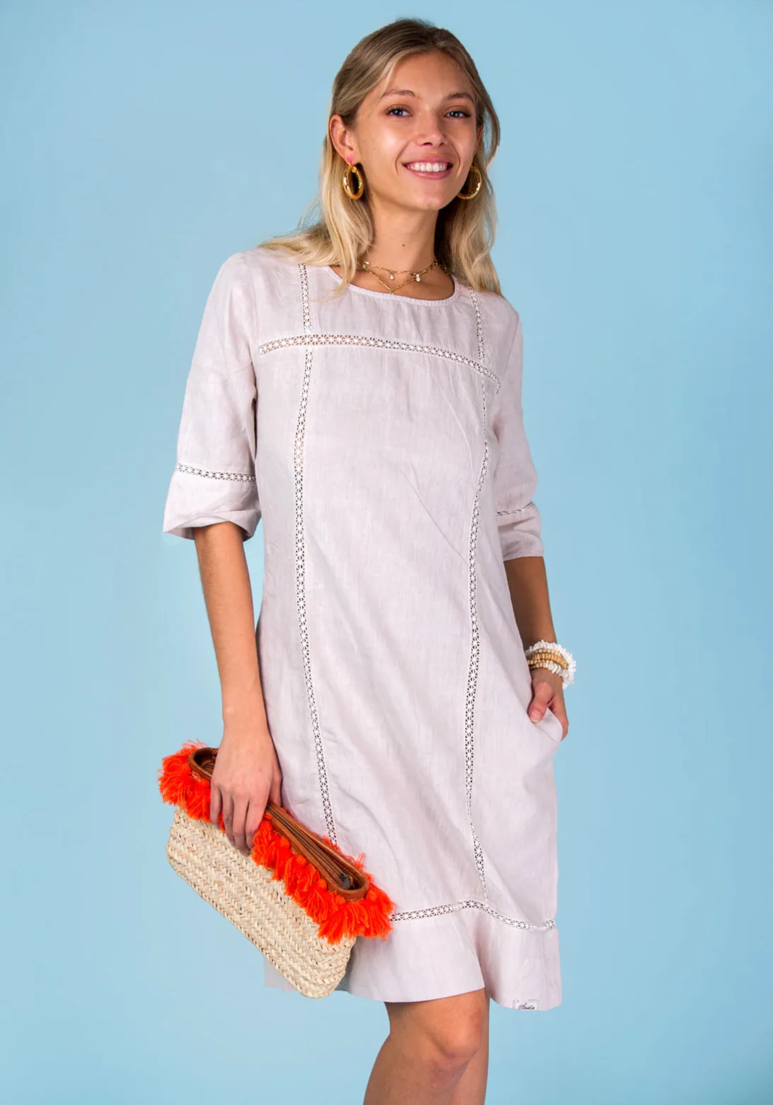 3/4 Sleeve Linen Dress With Lace Detail