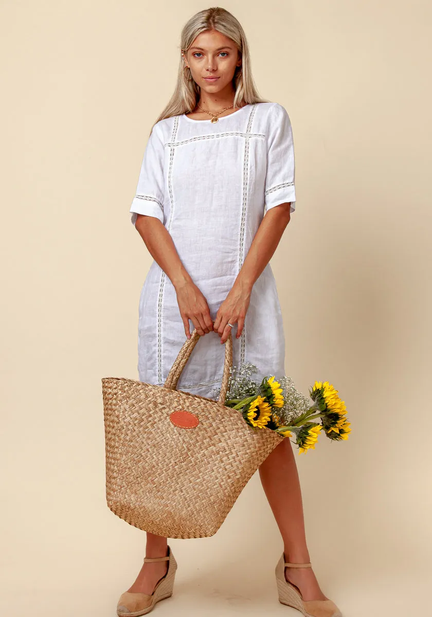 3/4 Sleeve Linen Dress With Lace Detail