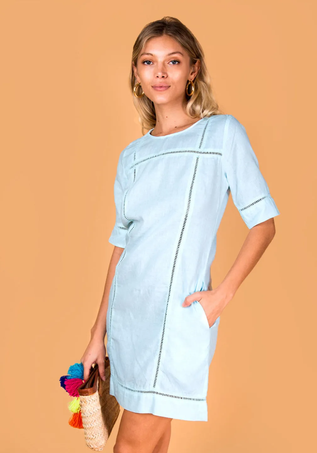 3/4 Sleeve Linen Dress With Lace Detail