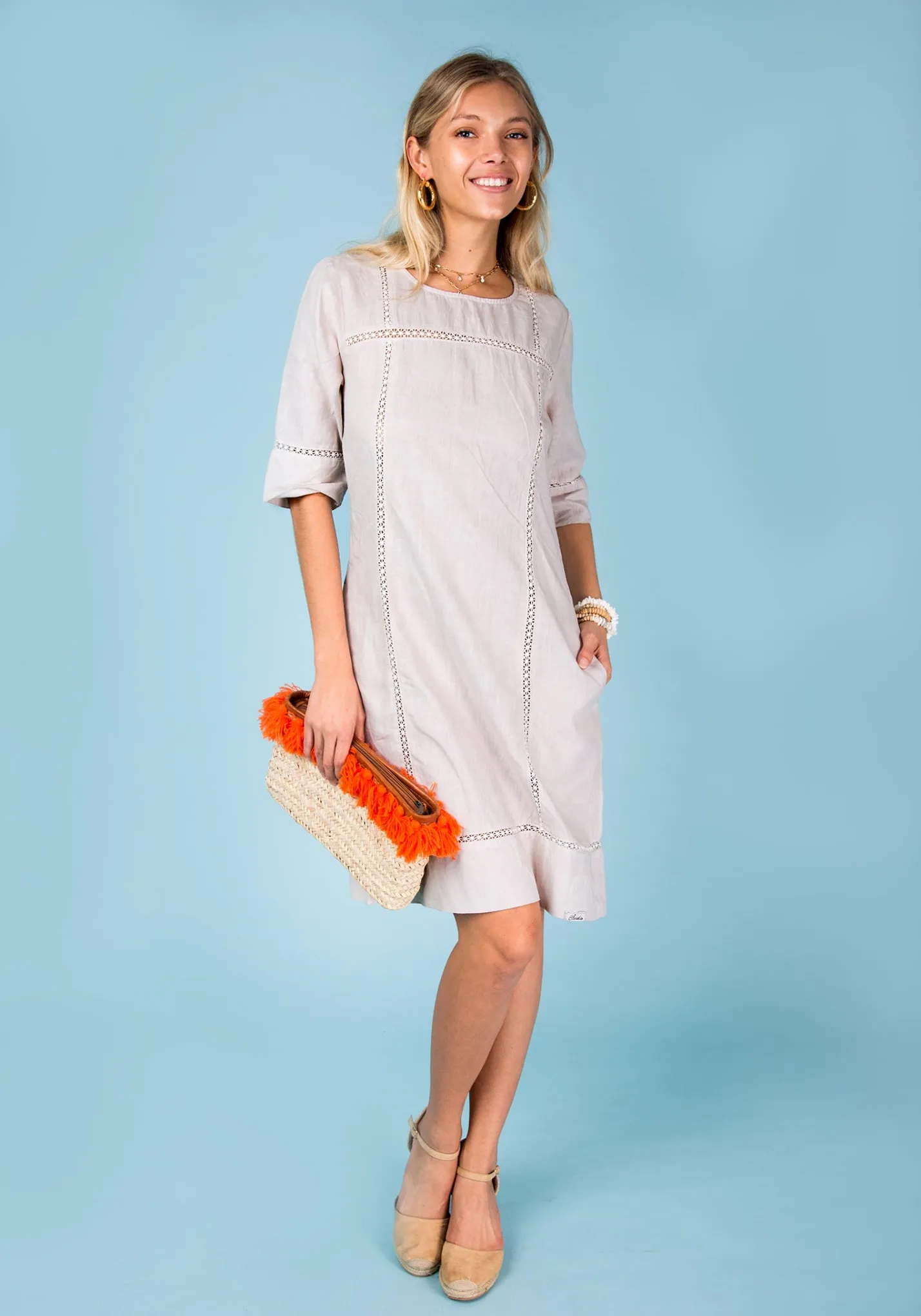 3/4 Sleeve Linen Dress With Lace Detail