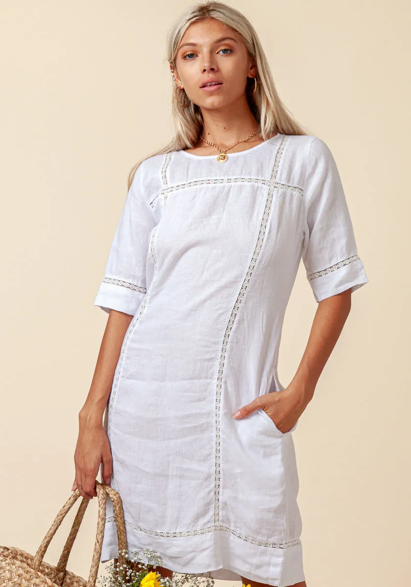 3/4 Sleeve Linen Dress With Lace Detail