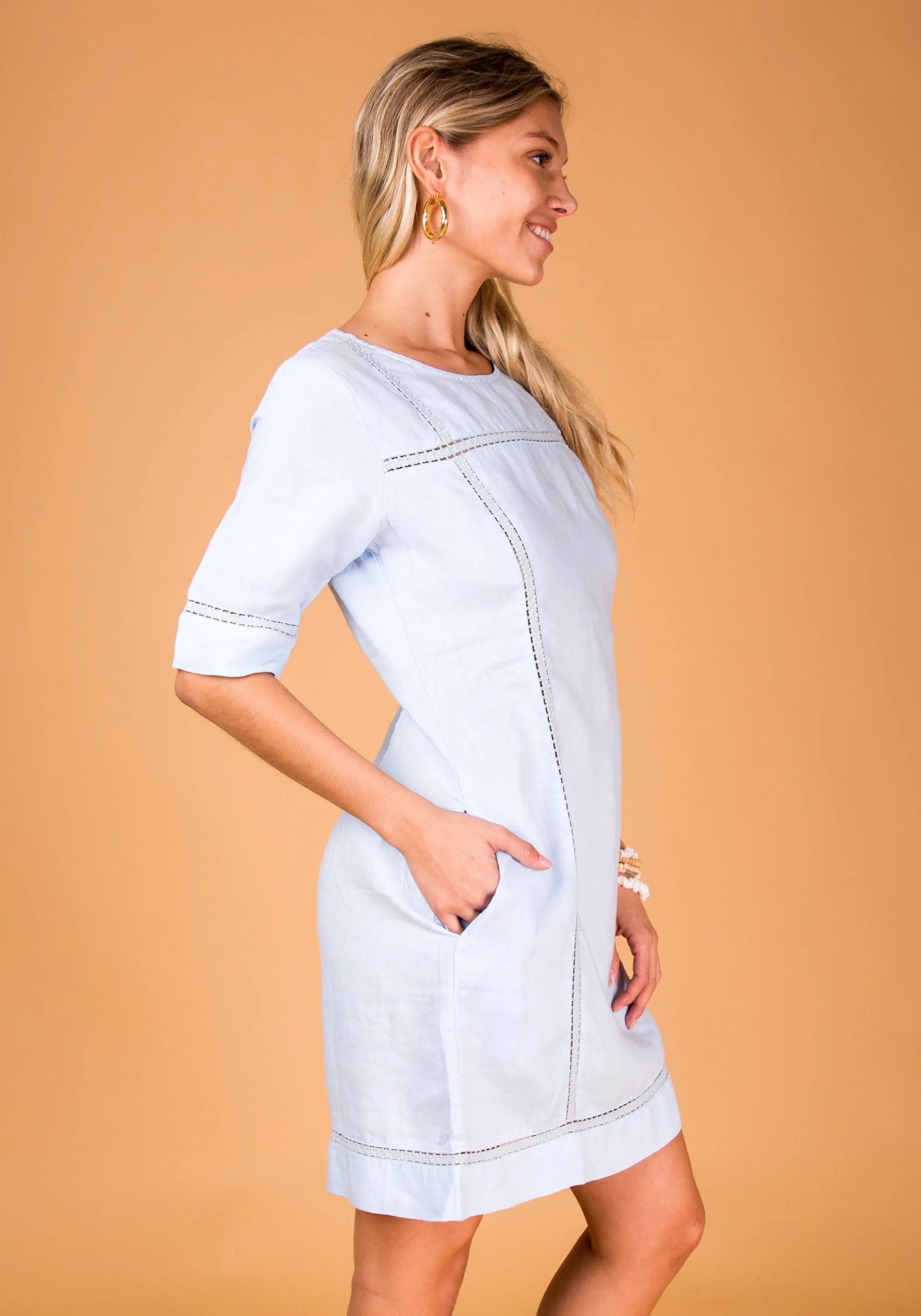 3/4 Sleeve Linen Dress With Lace Detail
