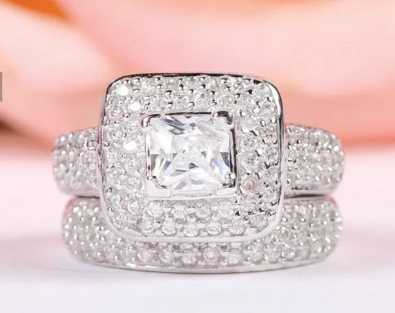 3.5 Princess Cut Wedding Ring Set Engagement Diamond Simulated 925 Sterling Silver Platinum ep CZ