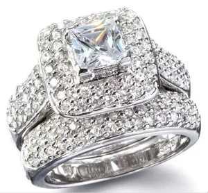 3.5 Princess Cut Wedding Ring Set Engagement Diamond Simulated 925 Sterling Silver Platinum ep CZ